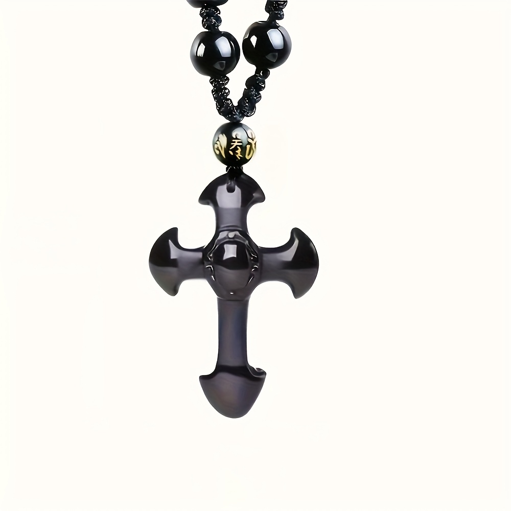 Black Obsidian Cross Necklace with Lucky Charm Pendant